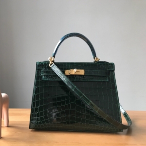 愛馬仕Hermes Kelly系列 凱莉包 純手工定制版 28cm 鱷魚皮 祖母綠