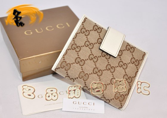 154034 GUCCI最新款女士錢夾 布配皮 短款 GUCCI錢包 古奇帆布包 杏配白